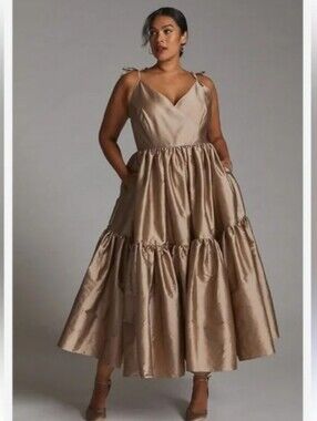 Anthro Bloni Champagne Bronze V-Neck Tiered Taffeta A-Line Full Skirt Maxi Dress